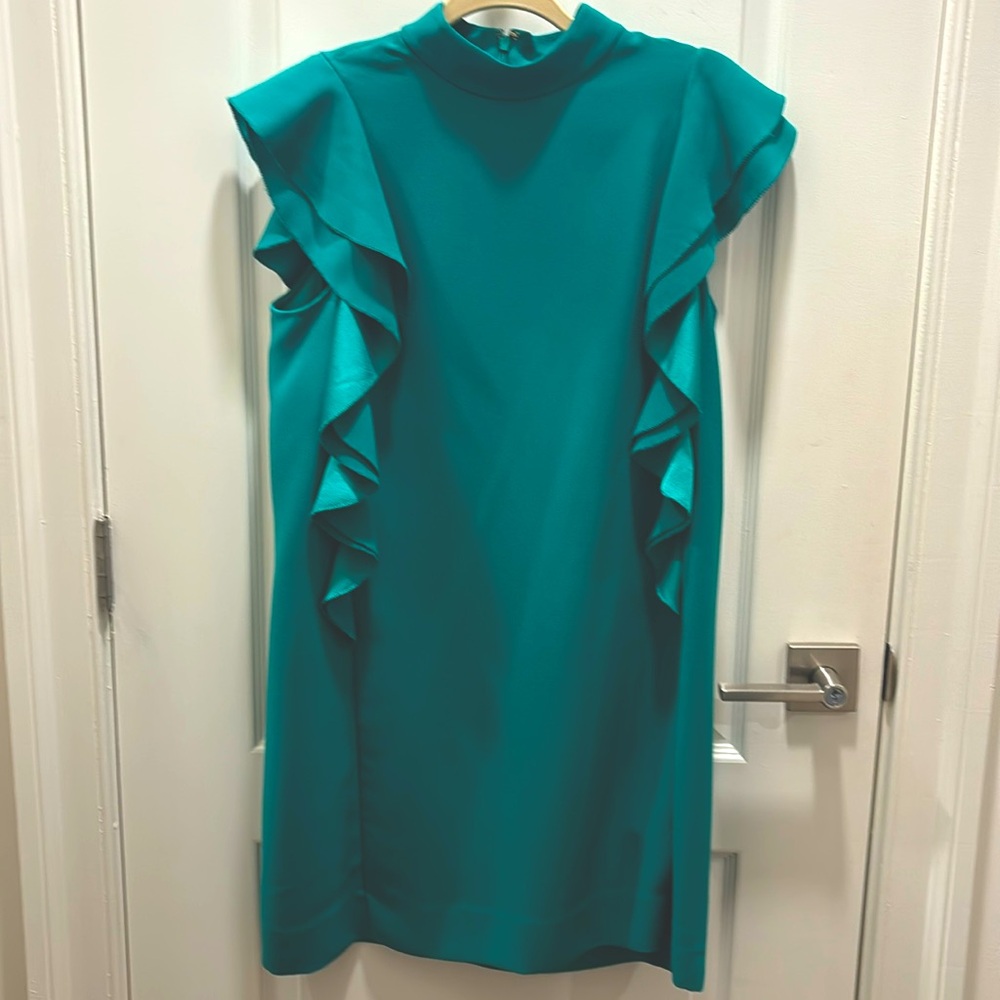 Kate Spade Flutter Sleeve Satin Shift Dress Mini Emerald Green Women's 8